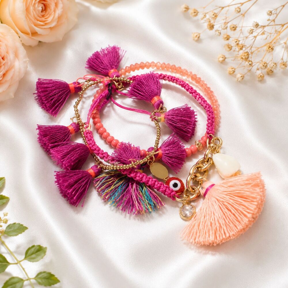 Express Pink Tassel Evil Eye Boho Bracelet Set of 3 NWT